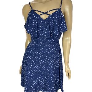 Three Pink Hearts Mini Dress Sz S Navy Blue w White Dots Spaghetti Straps